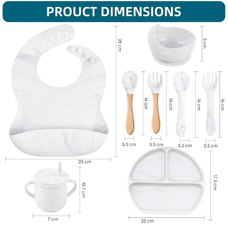 Dormlony 9pc BPA Free Silicone Baby Feeding Set - White: Suction Bowl, Divided Plate, Sippy Cup, Bib, Spoons, Forks - Baby Eating Utensils - Image 2